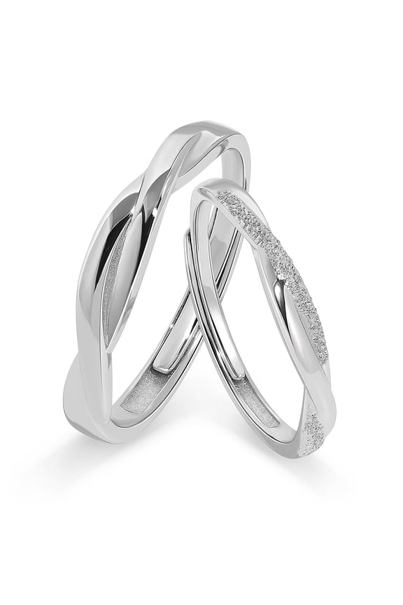 Sterling Silver Matching Couple Ring Set for Him and Her Sculpted Polished Bands with Textured CZ Accent, Comfort Fit Wedding Promise Jewelry