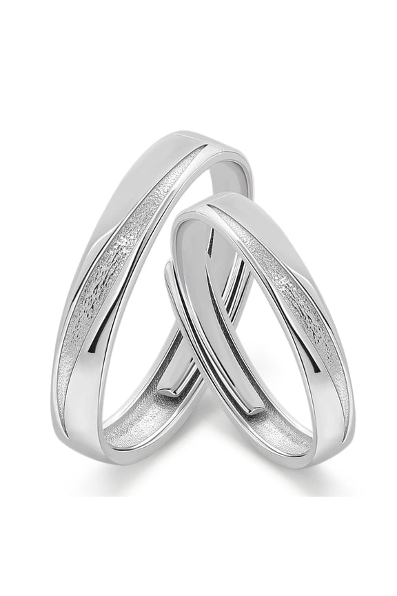 Sterling Silver Matching Couple Ring Set for Him and Her – Sleek Curved Bands with Textured Inlay, Polished Finish Comfort Fit Wedding Promise Jewelry