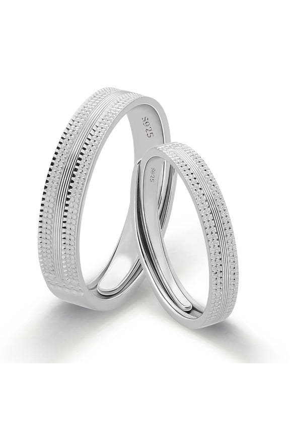Sterling Silver Matching Couple Ring Set – Textured Edge His and Hers Bands, Classic Comfort Fit Wedding and Promise Jewelry
