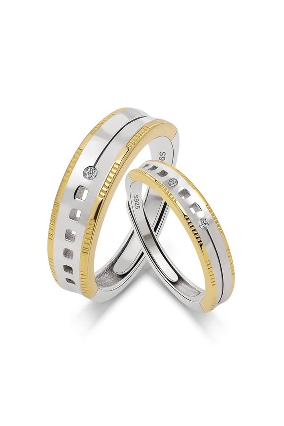 Sterling Silver Matching Couple Ring Set for Him and Her – Two-Tone Polished Bands with Geometric Cutout Details and CZ Accents, Comfort Fit Wedding Promise Jewelry