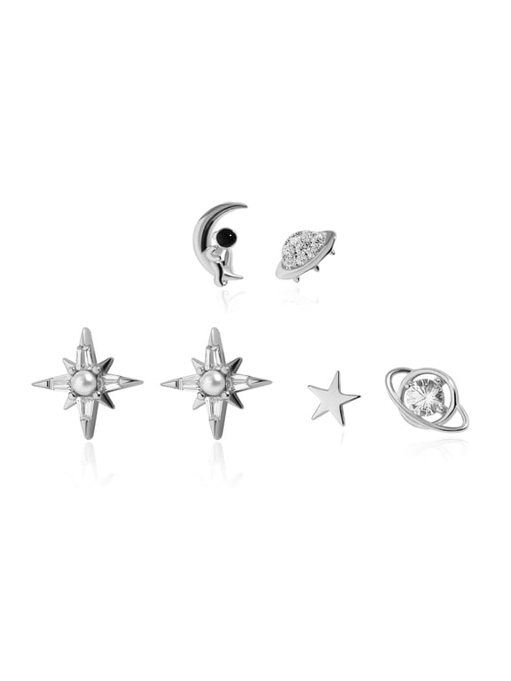 3 Pairs Stud Earrings Set – Star, Moon, Planet and Sparkling CZ Studs, Dainty Minimalist Multi-Style Earrings for Women, Silver Tone