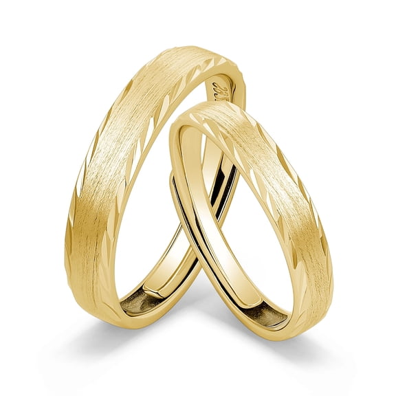 Meissa Vintage Brushed Finish Adjustable Open Cuff Couple Ring Set, 14K Gold Plated 925 Sterling Silver Leaf Engraved Promise Wedding Bands for Couple Anniversary Gift