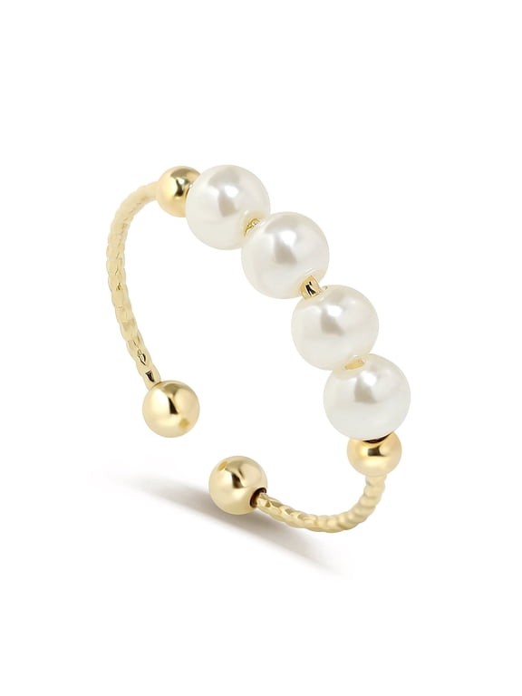 Women's Adjustable Fidget Ring with Rotating Beads, Open Band, Gold Tone