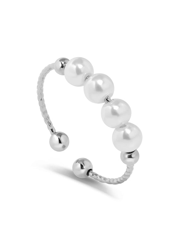 Women's Adjustable Fidget Ring with Rotating Beads, Open Band, Silver Tone