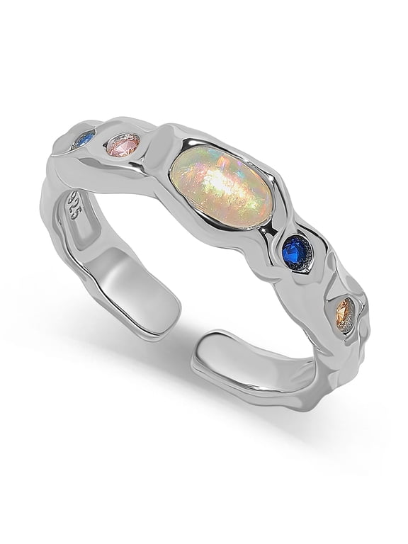 Women's Open Cuff Statement Ring, Irregular Textured Band with Oval Opal & Multi Color Accent Stones for Her, Silver Tone