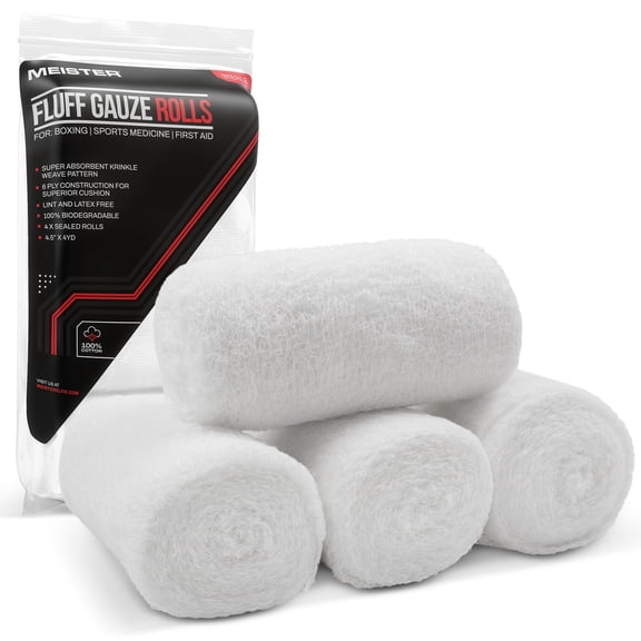 Meister Fluff Gauze Rolls - Sterile 6-Ply Krinkle Weave Wraps - 4yd x 4.5" - 4 Pack