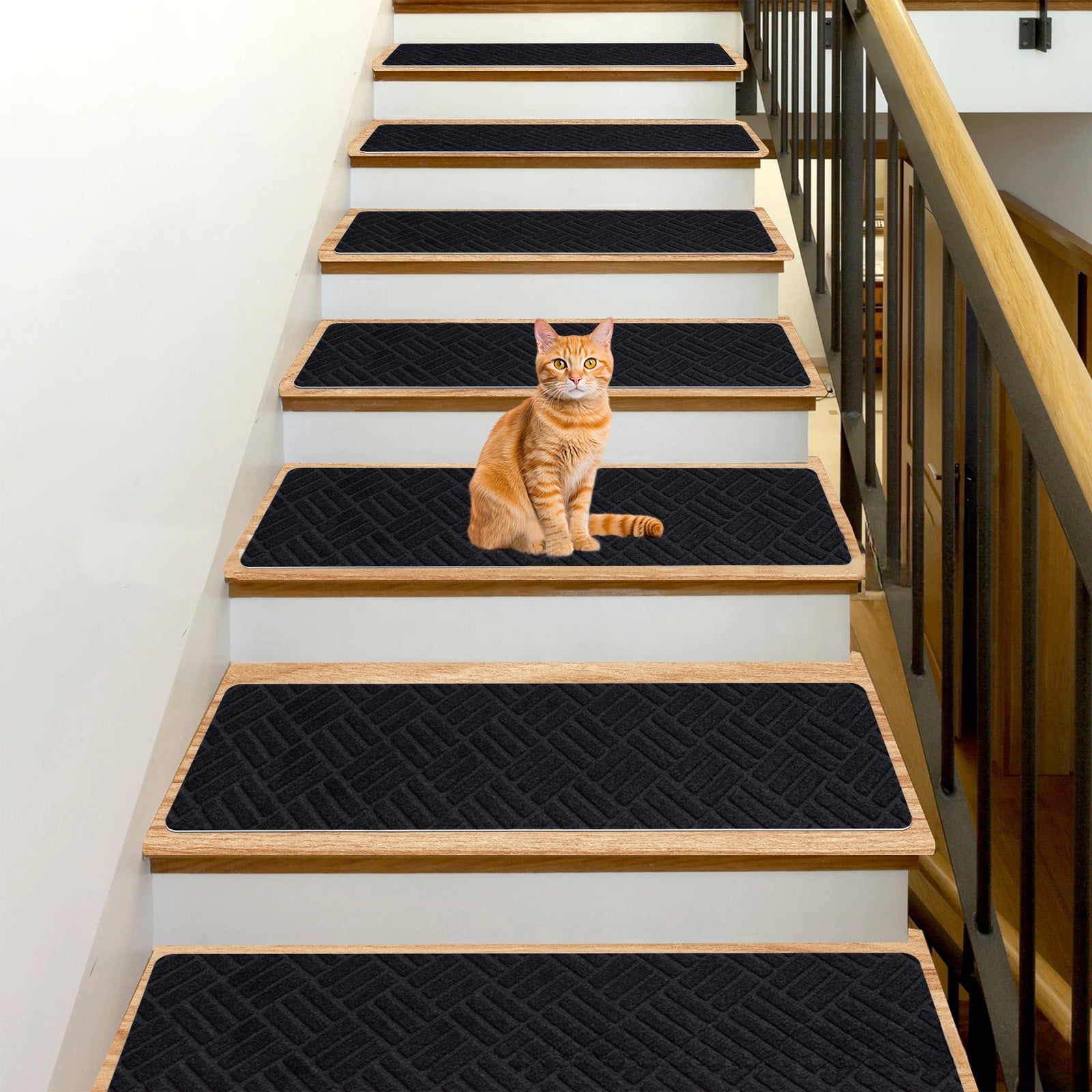 Meitianfacai 10PCS Non-Slip Stair Treads for Indoor Use, Large Size 21.6x7.4in Anti-Slip Carpet Mats with Reusable Adhesive, Safe for Kids, Elders & Pets, Easy to Clean(Black)