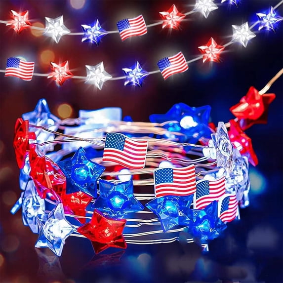 Meitianfacai 39.3" Independence Day LED Lights Mini Star & USA Flag String Lights Battery Operated, For Memorial Day Decorations, 4th Of July Decorations Party Decor