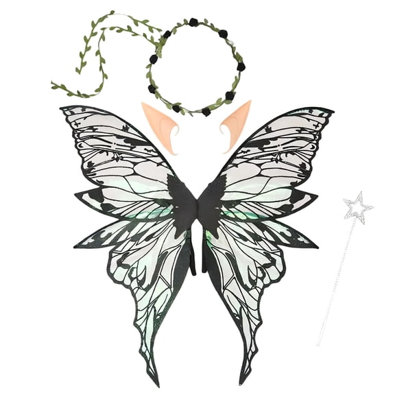 Meitianfacai 4-Piece Fairy Role Play Set with Butterfly Wing and Flower Headband for Role Play and Dress Up, Magical Pretend Play Accessories for Teen and Adults (Black)