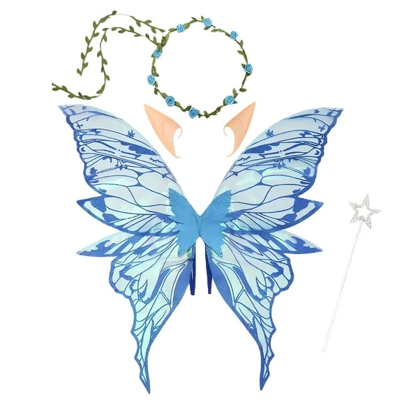 Meitianfacai 4-Piece Fairy Role Play Set with Butterfly Wing and Flower Headband for Role Play and Dress Up, Magical Pretend Play Accessories for Teen and Adults (Blue)