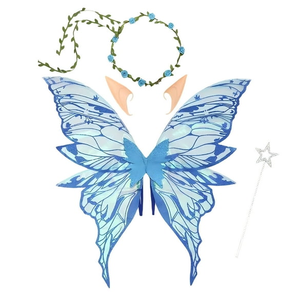 Meitianfacai 4-Piece Fairy Role Play Set with Butterfly Wing and Flower Headband for Role Play and Dress Up, Magical Pretend Play Accessories for Teen and Adults (Blue)