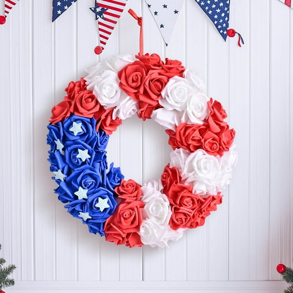 Meitianfacai 4th/Fourth of July Decorations Welcome Wreath for Front Door - Foam Rose Wreath Red White and Blue Star Sign, Patriotic Memorial Day Porch Home Wall Outside Decor