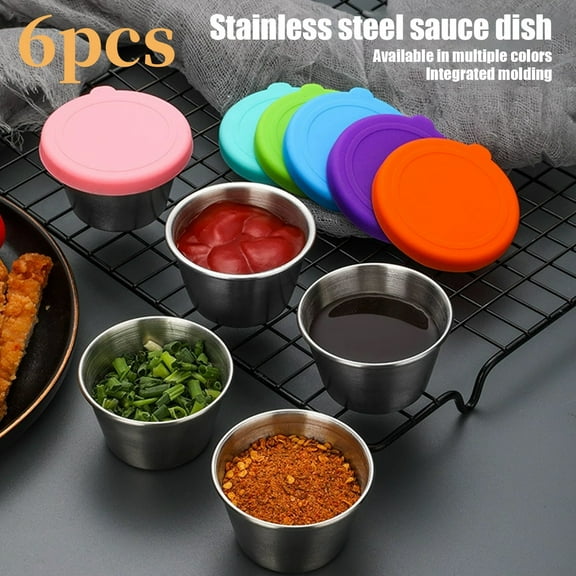 Meitianfacai 6-Piece 304 Stainless Steel Sauce Cups Set With Plastic Lids 70ml Capacity Outdoor BBQ Condiment Dishes For Picnics Parties And Grilling Events