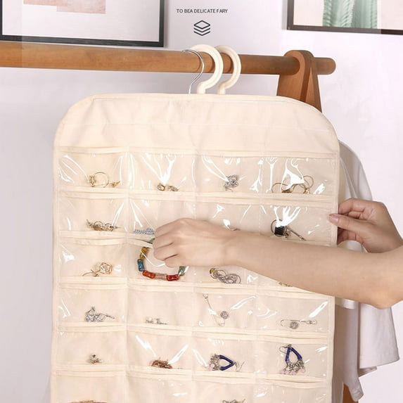 Meitianfacai 80-Pocket Hanging Jewelry Organizer - Non-Woven Fabric Storage with Clear PVC Windows (Beige)
