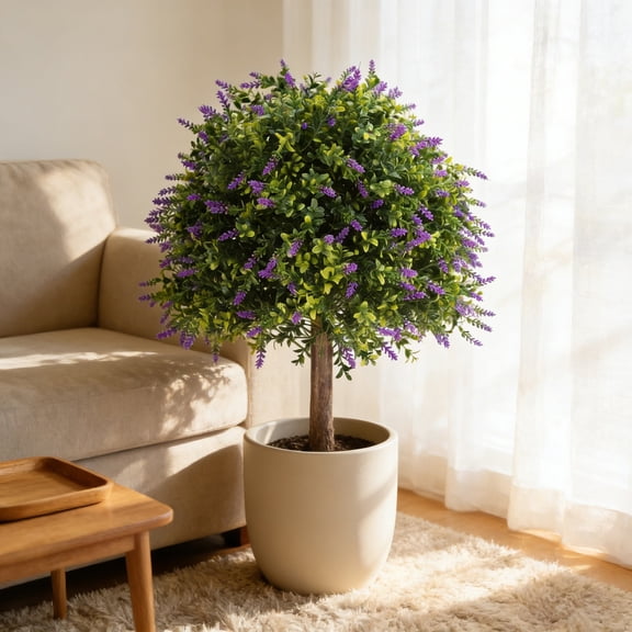 Meitianfacai Artificial Lavender Potted Tree Bonsai Boxwood Tree, Artificial Trees, Ground Stake Tree Decoration, Maintenance-Free Artificial Plant, Indoor Outdoor Desktop and Patio Decor