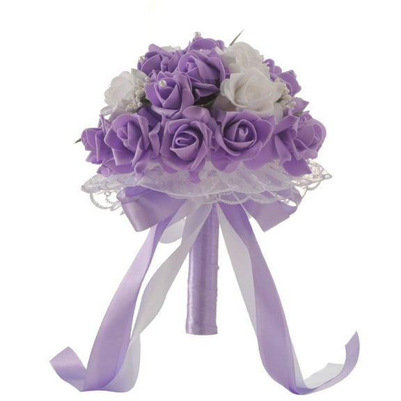 Meitianfacai Artificial Silk Flower Bridal Bouquet with Crystal Roses and Pearls - Elegant Wedding Bridesmaid Bouquet (Purple)