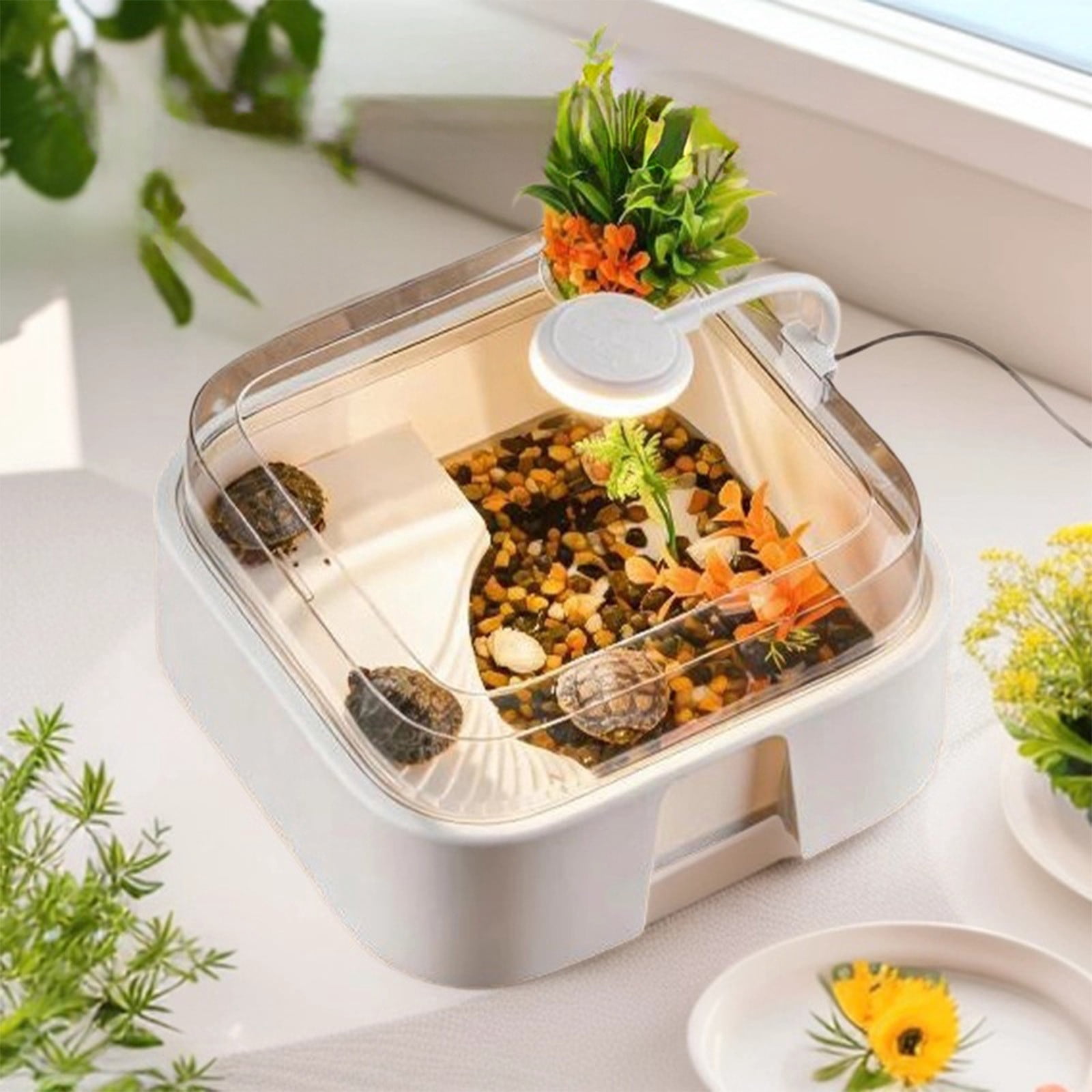 Curated visual reference: Picture Idea: Meitianfacai Compact Turtle Habitat Tank With Basking Area Desktop