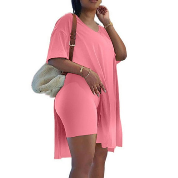 Meitianfacai Summer Outfits for Women Women Casual Plus Size 2 Piece Outfits Short Sleeve Loose Tops Skinny V-Neck Biker Shorts Sets Tracksuits