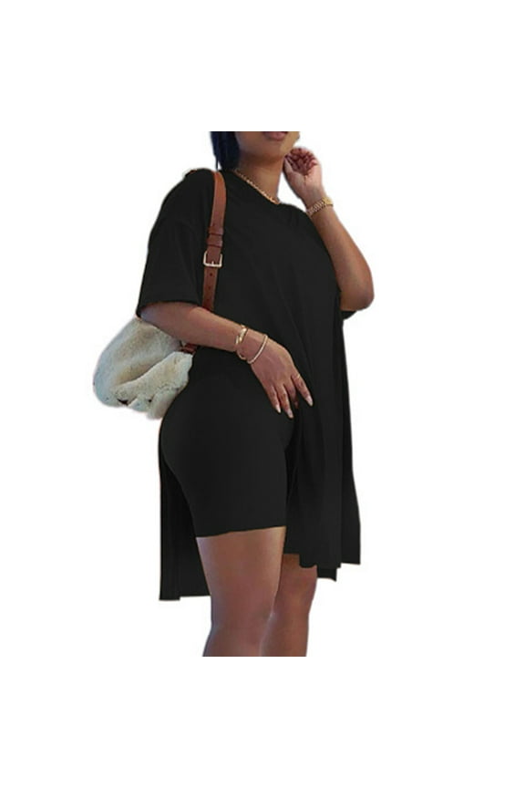 Summer Outfits for Women Women Casual Plus Size 2 Piece Outfits Short Sleeve Loose Tops Skinny V-Neck Biker Shorts Sets Tracksuits