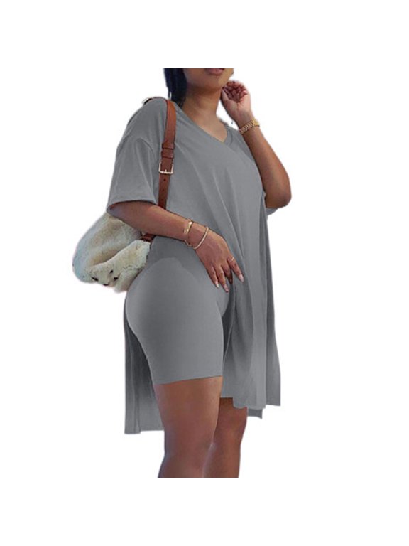 Summer Outfits for Women Women Casual Plus Size 2 Piece Outfits Short Sleeve Loose Tops Skinny V-Neck Biker Shorts Sets Tracksuits
