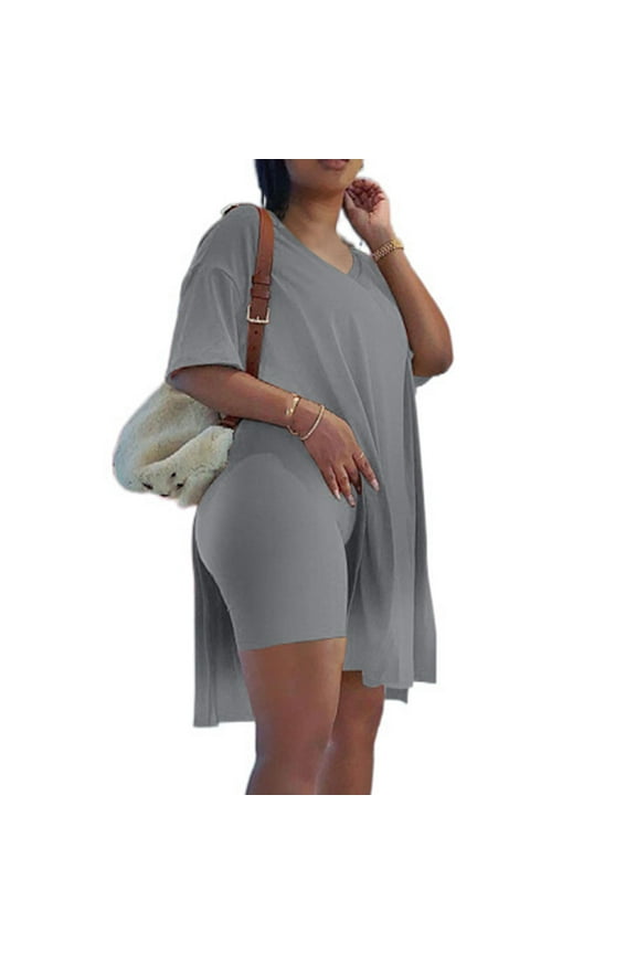 Summer Outfits for Women Women Casual Plus Size 2 Piece Outfits Short Sleeve Loose Tops Skinny V-Neck Biker Shorts Sets Tracksuits