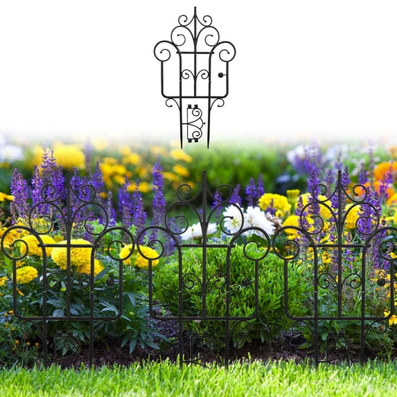 Meitianfacai Decorative Garden Fence with Climbing Plant Support, Stackable Plastic Picket Fence for Flower Beds, Lawn Edging and Landscape Design (Black)