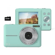 Meitianfacai Digital Camera, FHD 1080P Digital Camera for Kids with 32GB Card, Vlogging Camera for Video Anti-Shake, Portable Point and Shoot Camera Fill Flash 16X Zoom, Small Camera,Mint Green