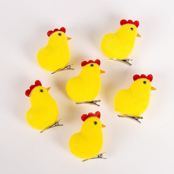 Meitianfacai Easter Flocked Chick Decorations, 6-Piece Set of Soft Foam Chicks with Clips for Holiday Basket and Table Decor
