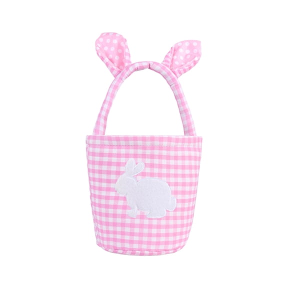 Meitianfacai Easter Plaid Basket with Bunny Ears, Reusable Handle Candy Carrier Bag, Festive Gift Storage Pouch, Collapsible Fabric Organizer for Seasonal Treats and Decorative Storage