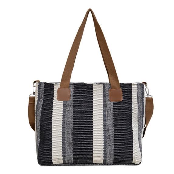 Meitianfacai Fashion Women Canvas Striped Tote Bag 14.17x11.81x4.33in - Large Capacity Shoulder Handbag for Work, Travel, Shopping | Lightweight Vintage Purse(Black)