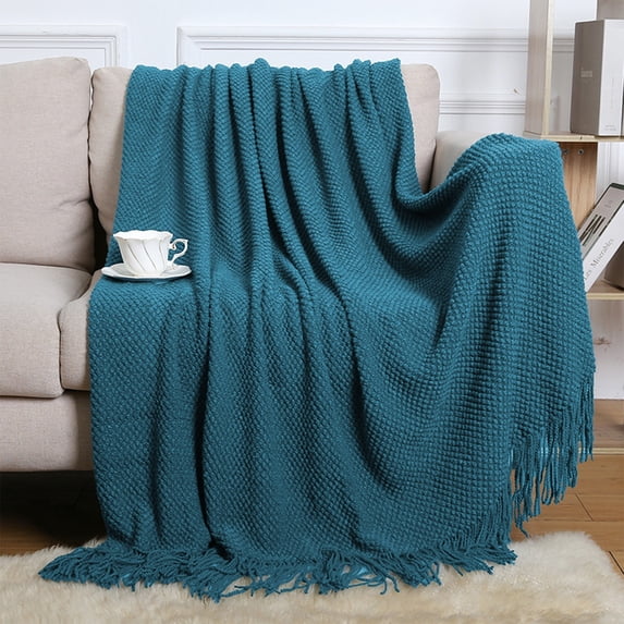 Meitianfacai Fringe Trim Throw Blanket with Simple Design, Lightweight Air Conditioning Blanket for Sofa, Bed and Nap Use in Soft Breathable Fabric (Blue)