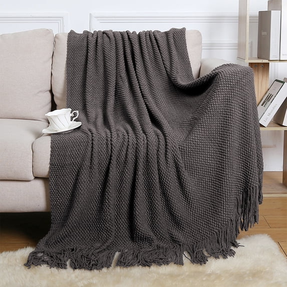 Meitianfacai Fringe Trim Throw Blanket with Simple Design, Lightweight Air Conditioning Blanket for Sofa, Bed and Nap Use in Soft Breathable Fabric (Gray)