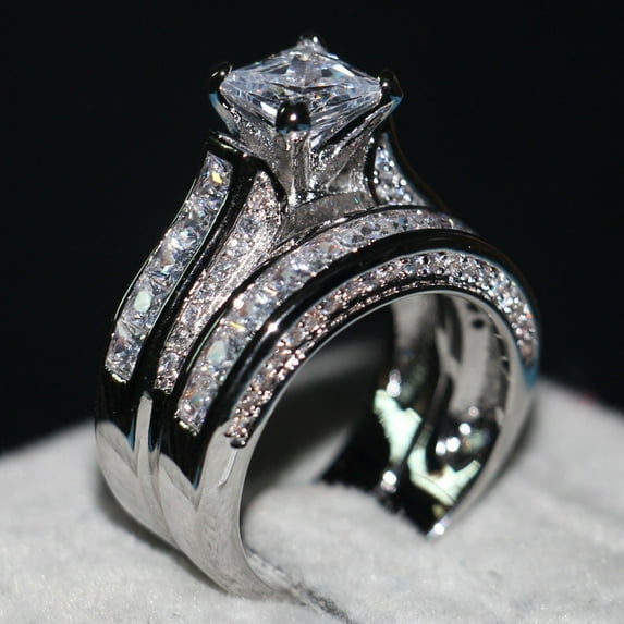 Meitianfacai Gifts for Women Rings 2-in-1 Womens Vintage White Silver Engagement Wedding Band Ring Set Jewelry