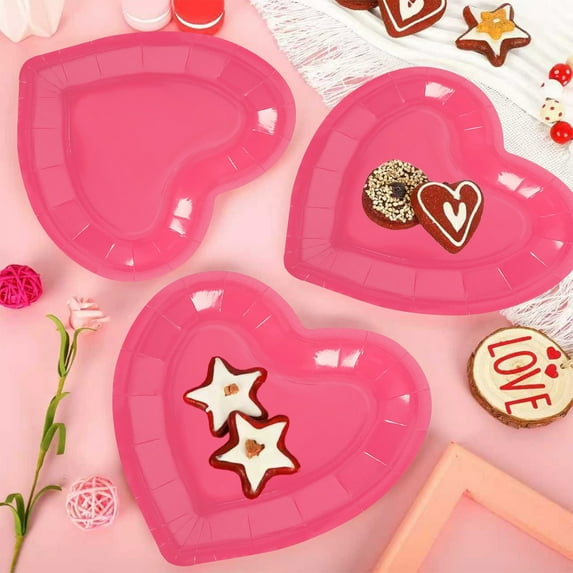 Meitianfacai Hot Pink Heart Shaped Paper Plates Set of 20, 7 Inch Valentine's Day Party Dinnerware, Food Safe Disposable Tableware for Romantic Celebrations and Special Occasions