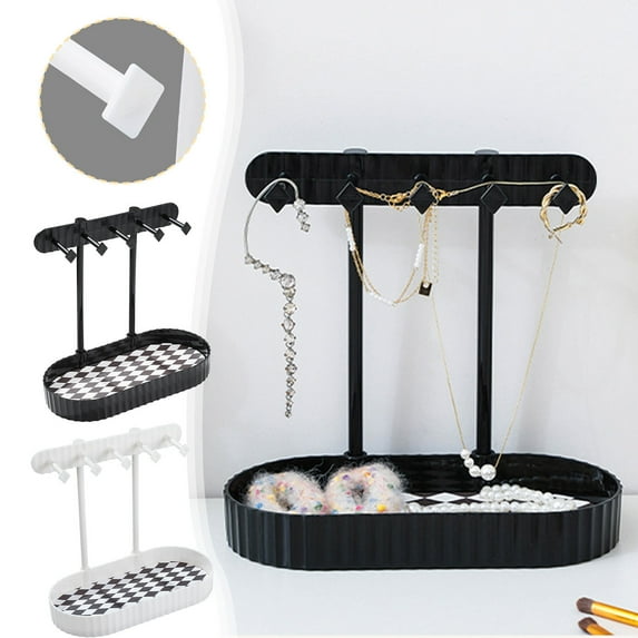 Meitianfacai Jewelry Organizer with 5 Hooks & Storage Tray - Necklace & Earring Holder for Dresser, Vanity - Plastic Jewelry Rack Compact Jewelry Display Stand for Rings, Bracelets, Watches