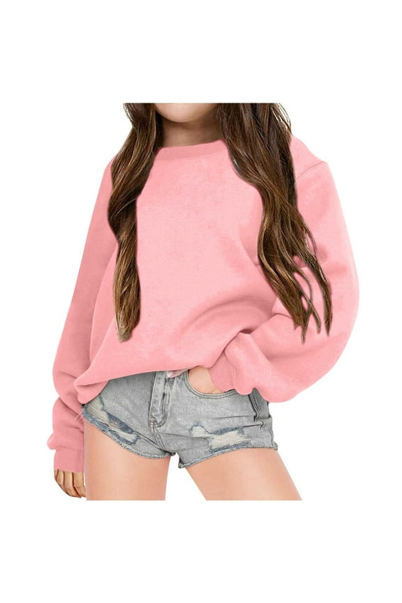 Little & Big Girls Sweatshirt Casual Solid Basic Hoodie 2024 Trending Crewneck Long Sleeve Tunic Tops Pullovers Fall Fashion Outfits, Girls Pink Sweatshirt Size 6-7 Years