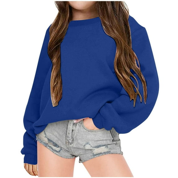 Meitianfacai Little and Big Girls Sweatshirt Casual Solid Basic Hoodie 2024 Trending Crewneck Long Sleeve Tunic Tops Pullovers Fall Fashion Outfits, Girls Blue Sweatshirt Size 4-5 Years
