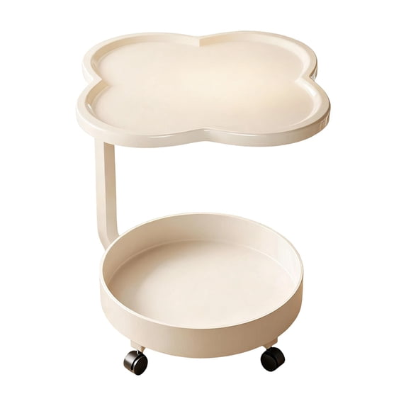 Meitianfacai Modern Rolling Side Table with 2-Tier Storage - Clover Design Mobile End Table for Living Room and Bedroom (White)
