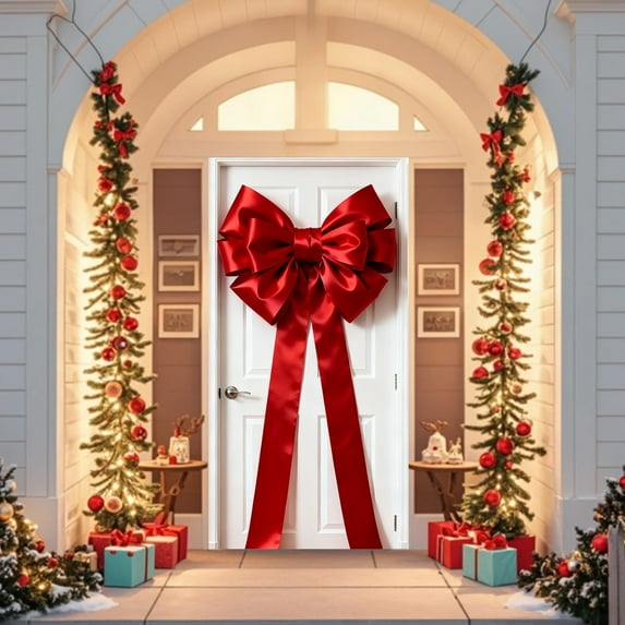 Meitianfacai Oversized Holiday Door Cover with Decorative Bow, 70.86x35.43 Inch Fabric Door Drape for Valentines and Seasonal Party Decorations