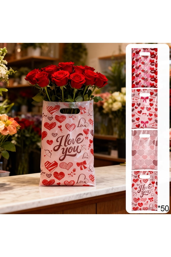 Pink Valentine Gift Bags with Heart Prints - Set of 110 Romantic Candy Bags for Sweet Treats and Small Presents, Party Favor Containers