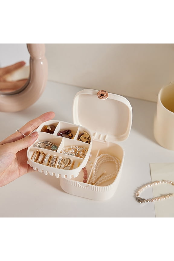 Portable Earrings Necklaces Rings Hand Jewelry Mini Storage Box With Built In Mirror Partitions Dirt Proof Storage, White