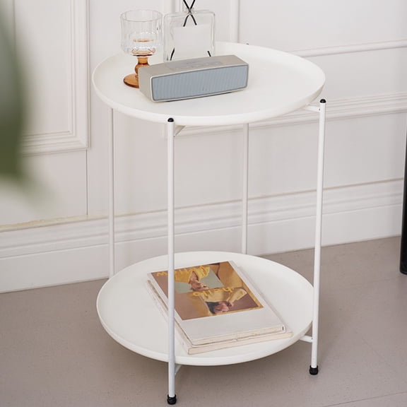 Meitianfacai Scandinavian Style Double Tier Disc Side Table Iron Sofa End Table Plastic Modern Minimalist Living Room Bedroom Small Round Table with Inward Curved Edges for Secure Storage