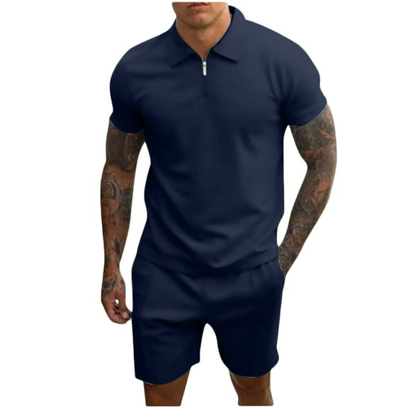 Meitianfacai Short Sets Men 2 Piece Outfits Men Casual Solid Turndown Zip Pullover Sports Short Sleeve Suit Summer Outfits Navy
