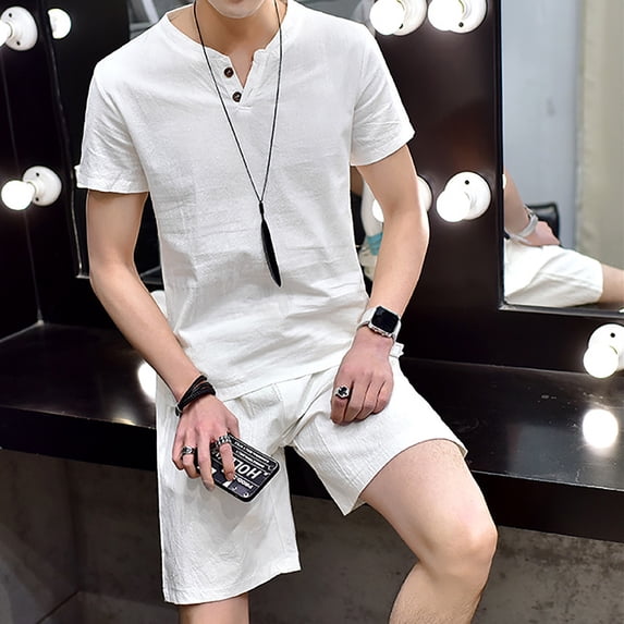 Meitianfacai Short Sets Men 2 Piece Outfits Mens Cotton Linen Set Solid Color Short-Sleeved T-Shirt Large Size Casual Set Beach Outfits White