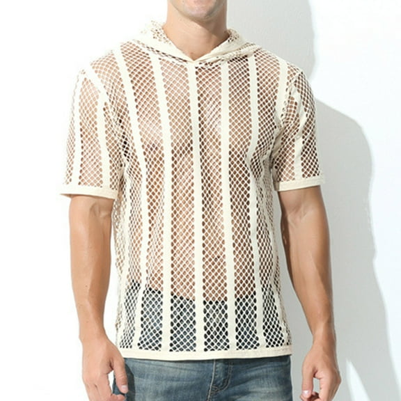 Meitianfacai Short Sleeve Hoodie for Men Men Casual Short Sleeve Hooded Pullover Perspective Breathable Stripe Blouse Summer Tops Beige