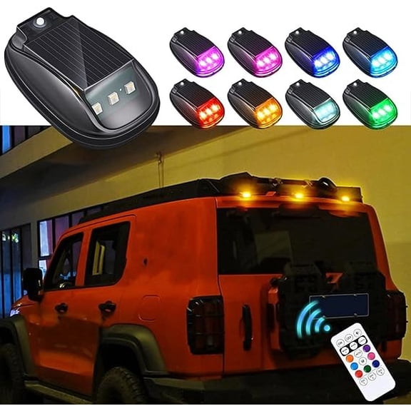 Meitianfacai Solar Car Light, LED Roof Strobe Light, Waterproof Remote Control Marker Light, Wireless No-Drill Installation Light for Motorcycle, Truck, and Vehicle Safety