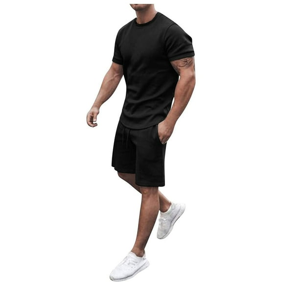 Meitianfacai Summer Outfits Men 2 Piece Casual Short Sleeve Tee Shirts And Fit Sport Shorts Set Outfits for Men Black