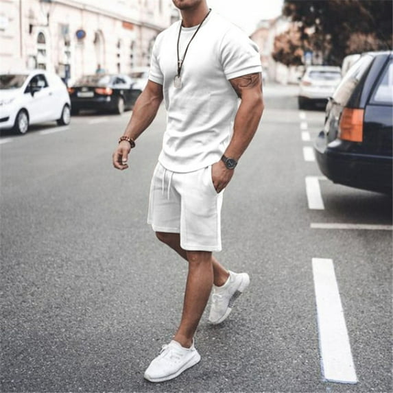 Meitianfacai Summer Outfits Men 2 Piece Casual Short Sleeve Tee Shirts And Fit Sport Shorts Set Short Sets Men 2 Piece Outfits White