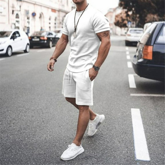 Meitianfacai Summer Outfits Men 2 Piece Casual Short Sleeve Tee Shirts And Fit Sport Shorts Set Vacation Outfits White