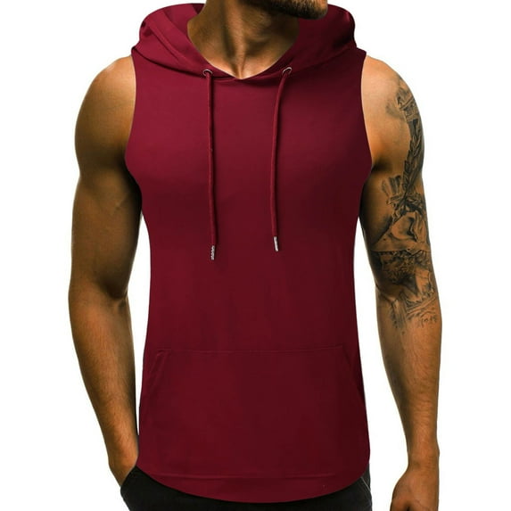 Meitianfacai Tank Tops Men Fashion Men Sleeveless Solid Color Drawstring Casual Tank Hort Sleeve Hooded Blouse Summer Tops Red